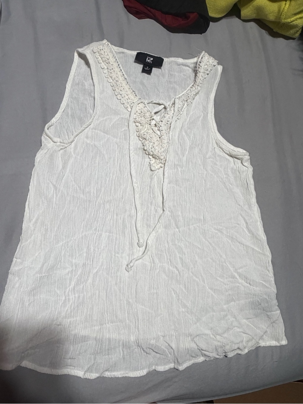 Iz Byer White Crochet-Trim Sleeveless Tie-Neck Blouse